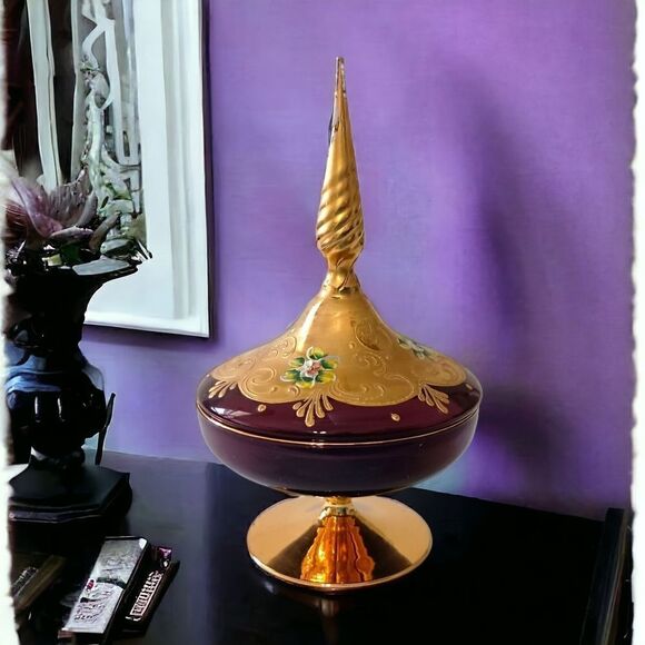 Ardalt Covered Dish Italy Gold Floral Amethyst Glass Gold Handpainted Vintage. - Picture 14 of 16